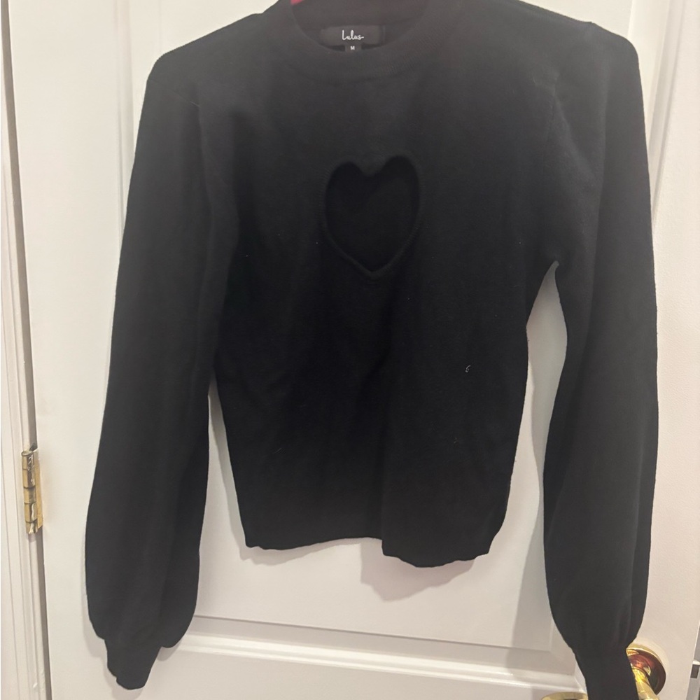Lulu's Black Heart Cutout Crew Neck Sweater